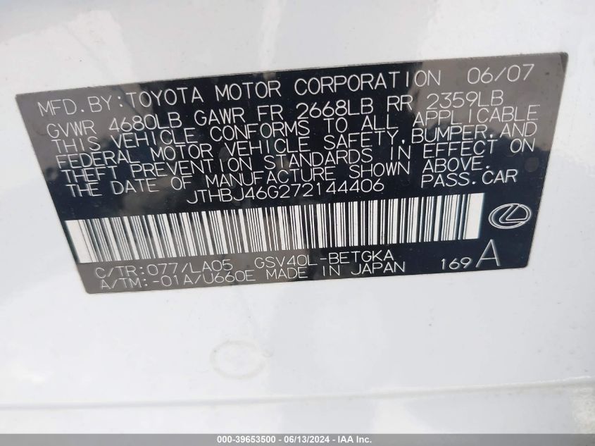 2007 Lexus Es 350 VIN: JTHBJ46G272144406 Lot: 39653500