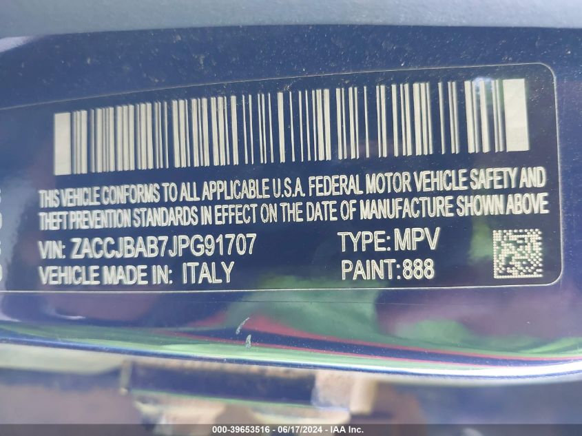 2018 Jeep Renegade Sport 4X4 VIN: ZACCJBAB7JPG91707 Lot: 39653516