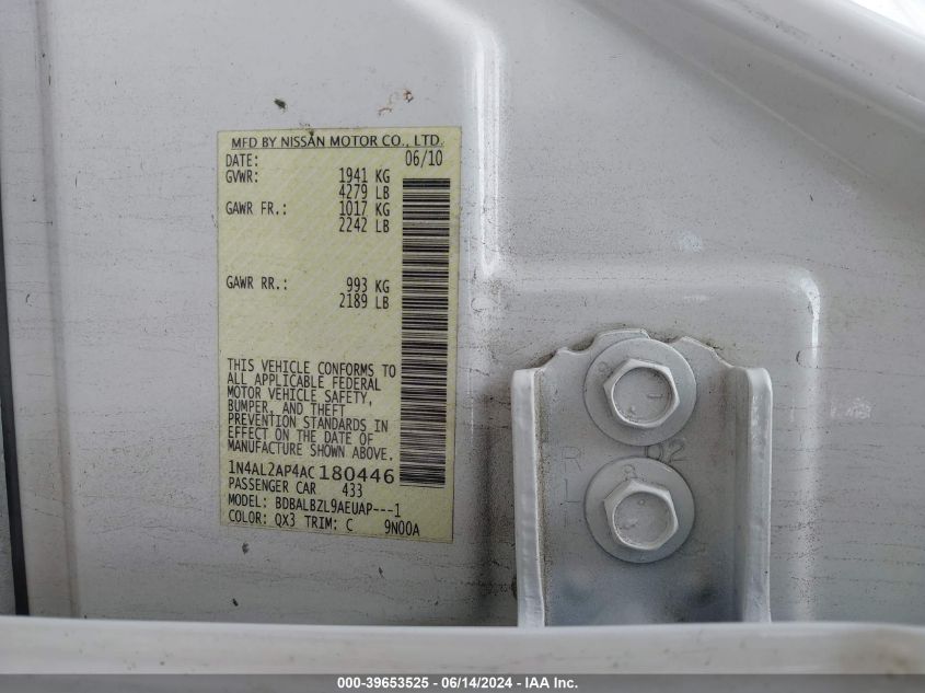2010 Nissan Altima 2.5 S VIN: 1N4AL2AP4AC180446 Lot: 39653525