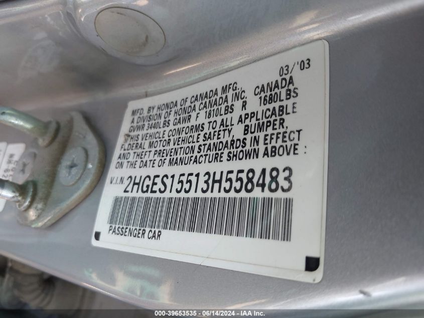 2003 Honda Civic Lx VIN: 2HGES15513H558483 Lot: 39653535