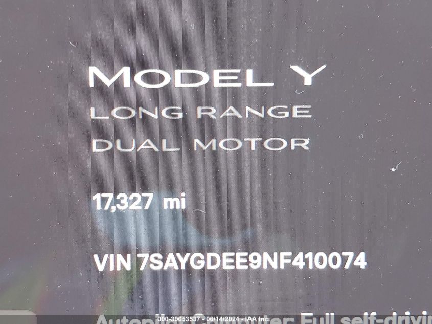 2022 Tesla Model Y Long Range Dual Motor All-Wheel Drive VIN: 7SAYGDEE9NF410074 Lot: 39653537