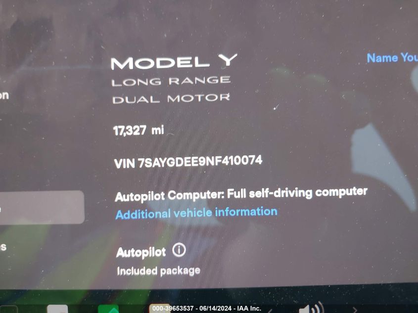 2022 Tesla Model Y Long Range Dual Motor All-Wheel Drive VIN: 7SAYGDEE9NF410074 Lot: 39653537