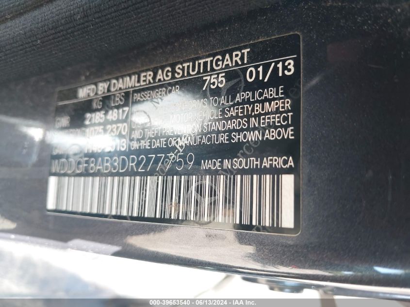 2013 Mercedes-Benz C 300 Luxury 4Matic/Sport 4Matic VIN: WDDGF8AB3DR277759 Lot: 39653540