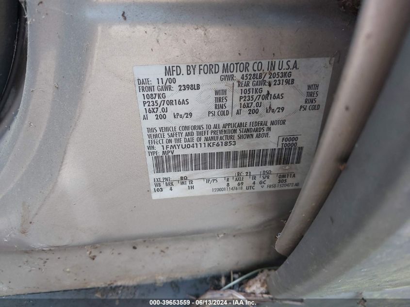 2001 Ford Escape Xlt VIN: 1FMYU04111KF61853 Lot: 39653559