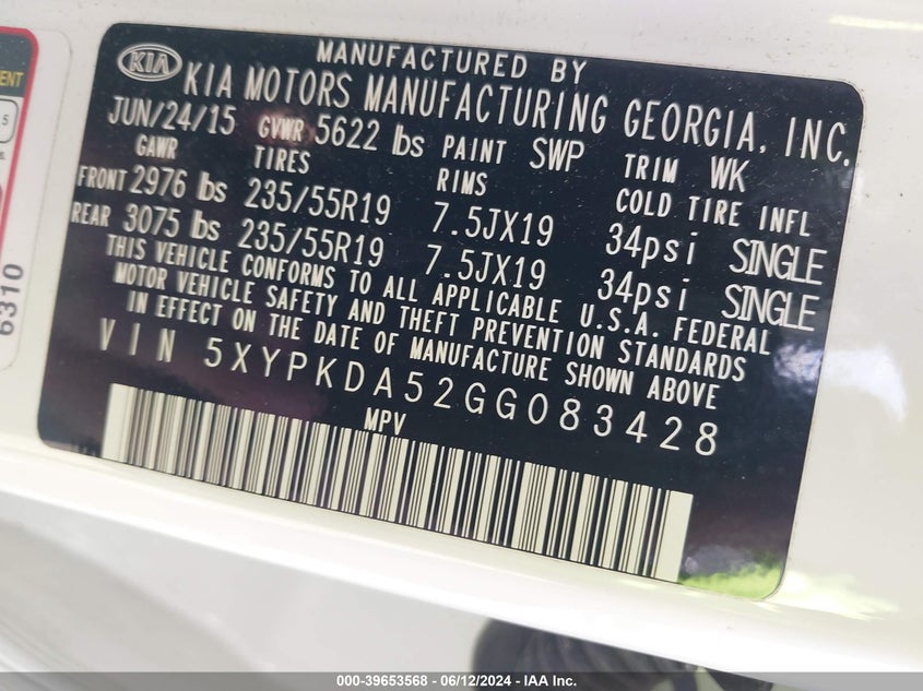 2016 Kia Sorento 3.3L Sx VIN: 5XYPKDA52GG083428 Lot: 39653568