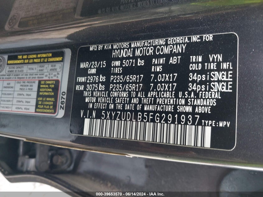 2015 Hyundai Santa Fe Sport 2.4L VIN: 5XYZUDLB5FG291937 Lot: 39653570