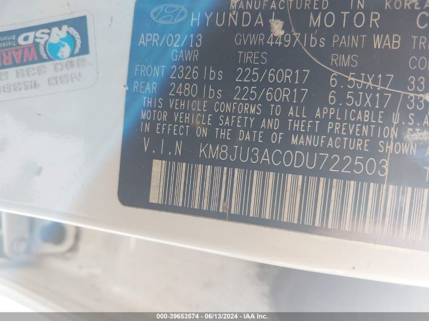 2013 Hyundai Tucson Gls VIN: KM8JU3AC0DU722503 Lot: 39653574