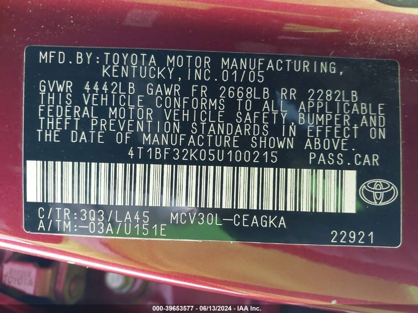 2005 Toyota Camry Xle V6 VIN: 4T1BF32K05U100215 Lot: 39653577