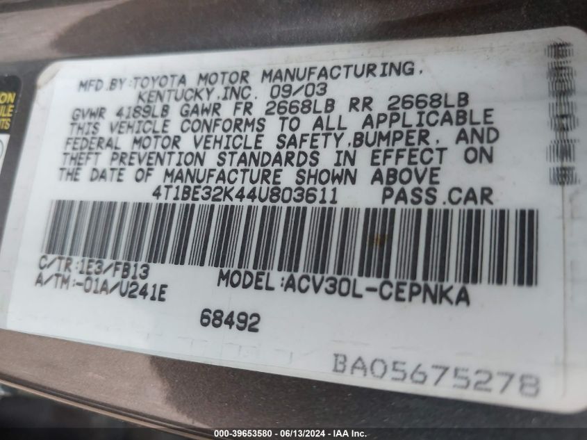 2004 Toyota Camry Le VIN: 4T1BE32K44U803611 Lot: 39653580