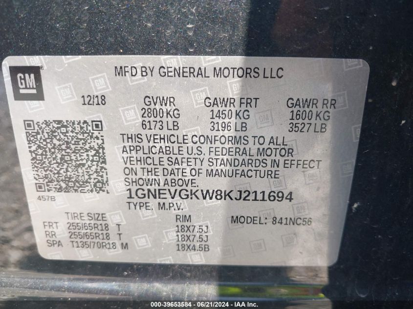 2019 Chevrolet Traverse 1Lt VIN: 1GNEVGKW8KJ211694 Lot: 39653584