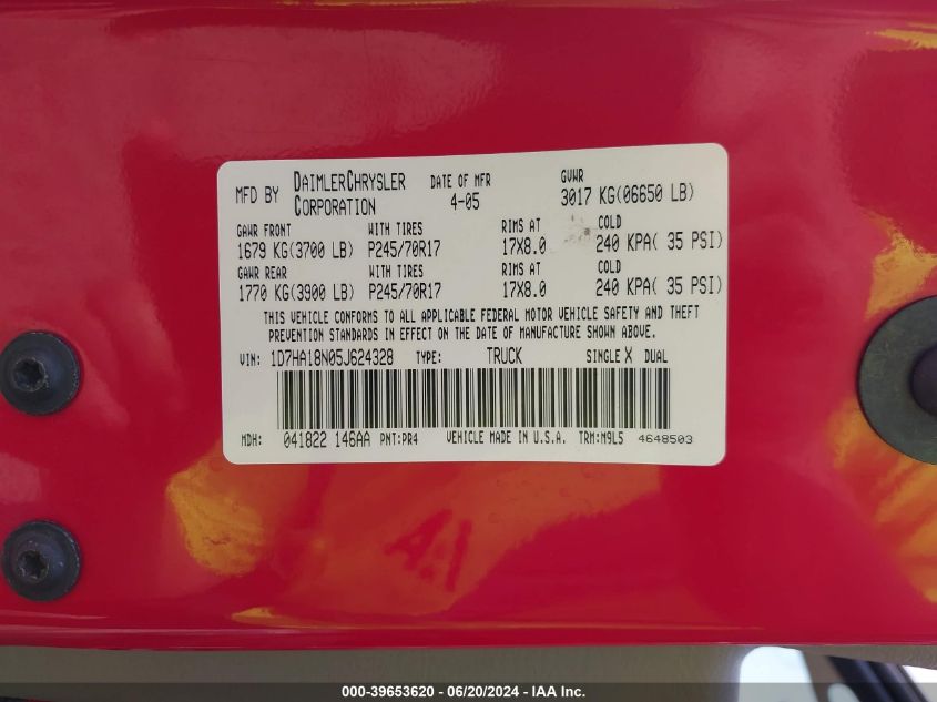 2005 Dodge Ram 1500 Slt/Laramie VIN: 1D7HA18N05J624328 Lot: 39653620