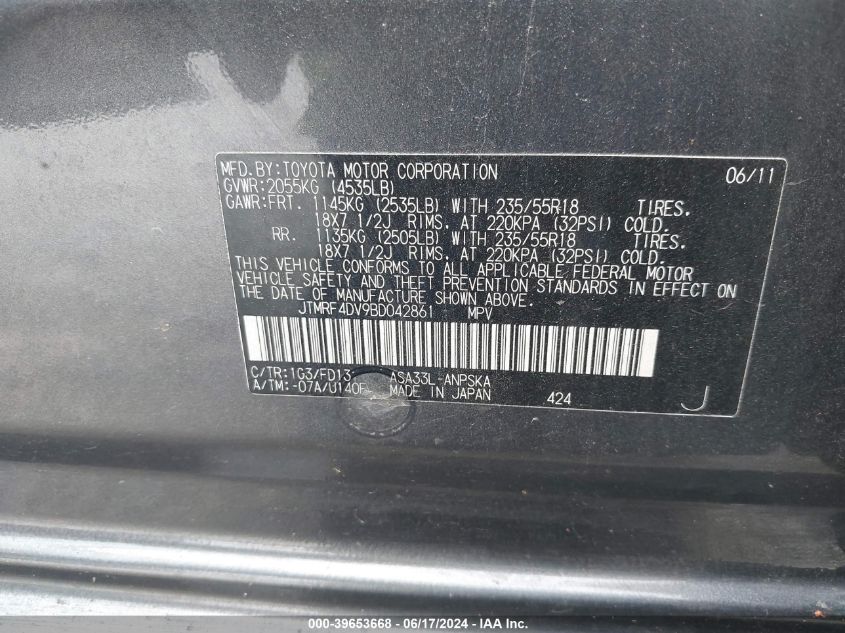 2011 Toyota Rav4 Sport VIN: JTMRF4DV9BD042861 Lot: 39653668