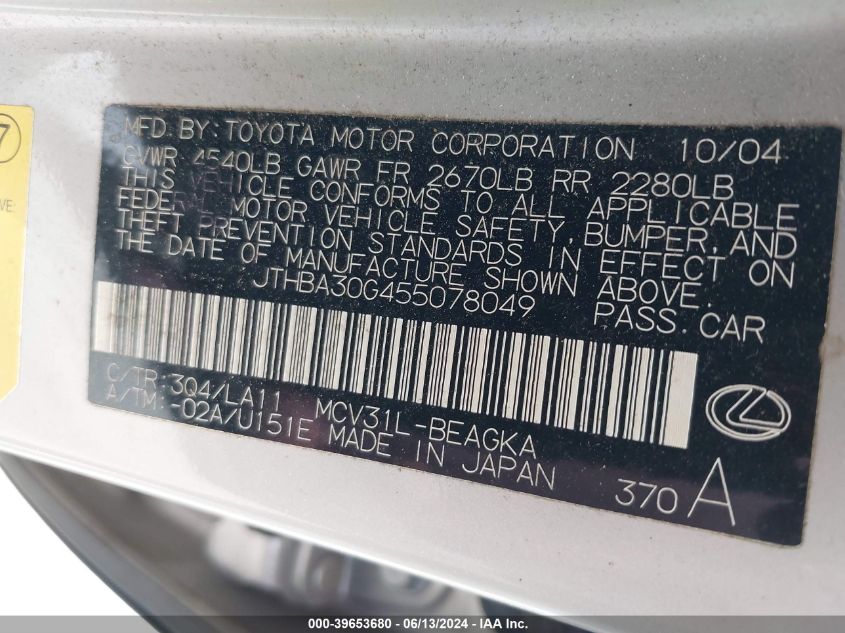 2005 Lexus Es 330 VIN: JTHBA30G455078049 Lot: 39653680