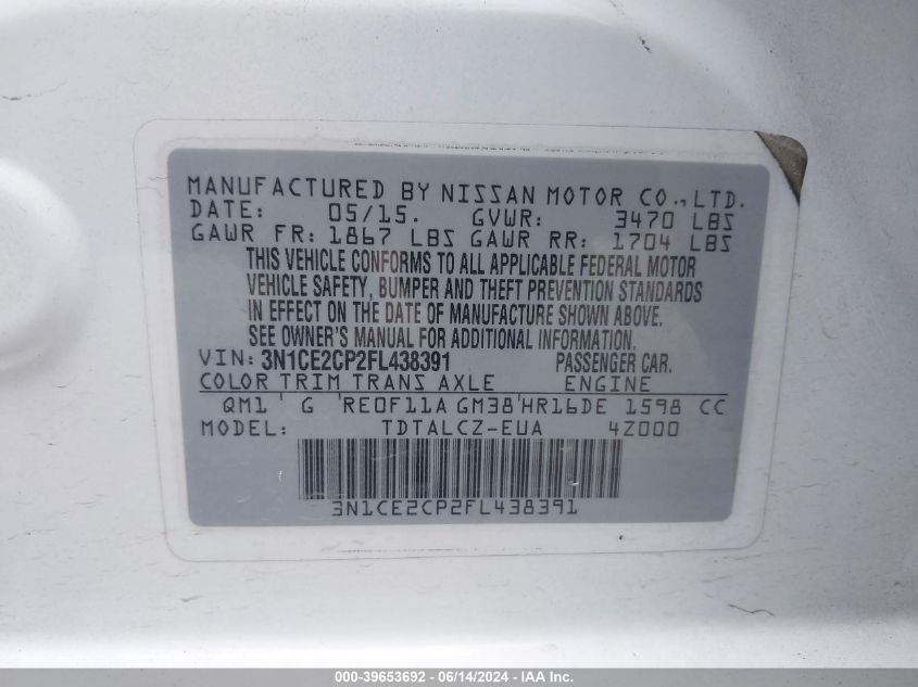 2015 Nissan Versa Note S Plus VIN: 3N1CE2CP2FL438391 Lot: 39653692