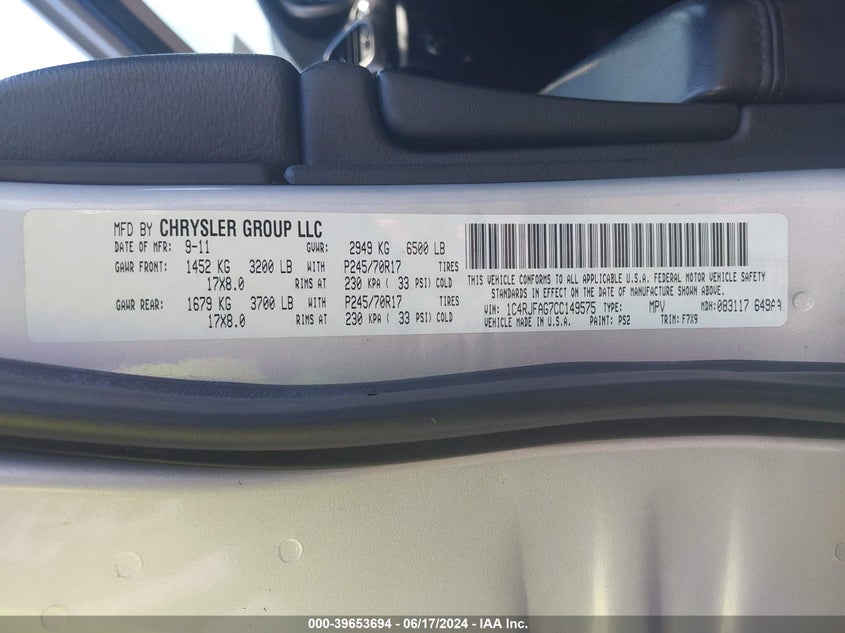 2012 Jeep Grand Cherokee Laredo VIN: 1C4RJFAG7CC149575 Lot: 39653694