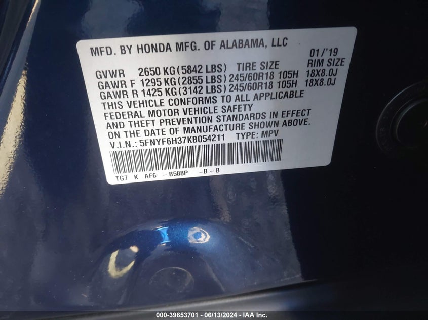 2019 HONDA PILOT EX - 5FNYF6H37KB054211