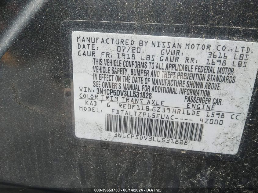 2020 Nissan Kicks Sr Xtronic Cvt VIN: 3N1CP5DV3LL531828 Lot: 39653730