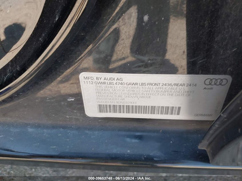 2013 Audi A4 2.0T Premium VIN: WAUEFAFL9DN032933 Lot: 39653748