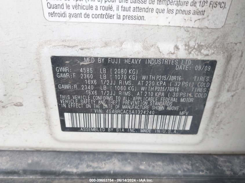 2010 Subaru Outback 2.5I VIN: 4S4BRCAC5A1324240 Lot: 39653754