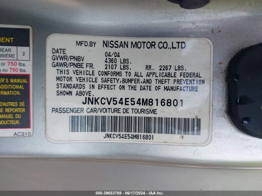 2004 Infiniti G35 VIN: JNKCV54E54M816801 Lot: 39653769