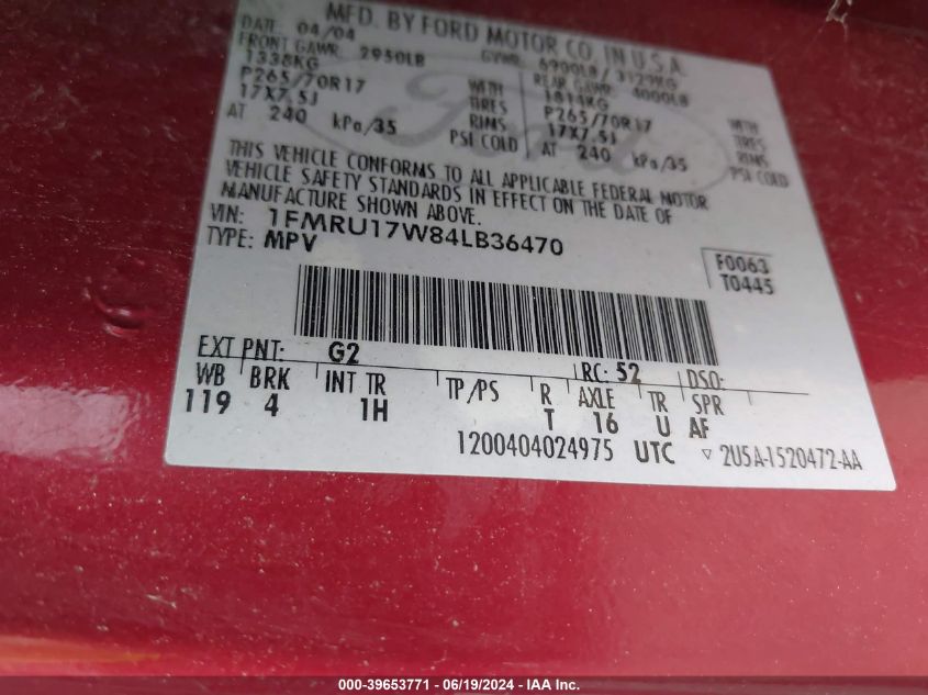 2004 Ford Expedition Eddie Bauer VIN: 1FMRU17W84LB36470 Lot: 39653771