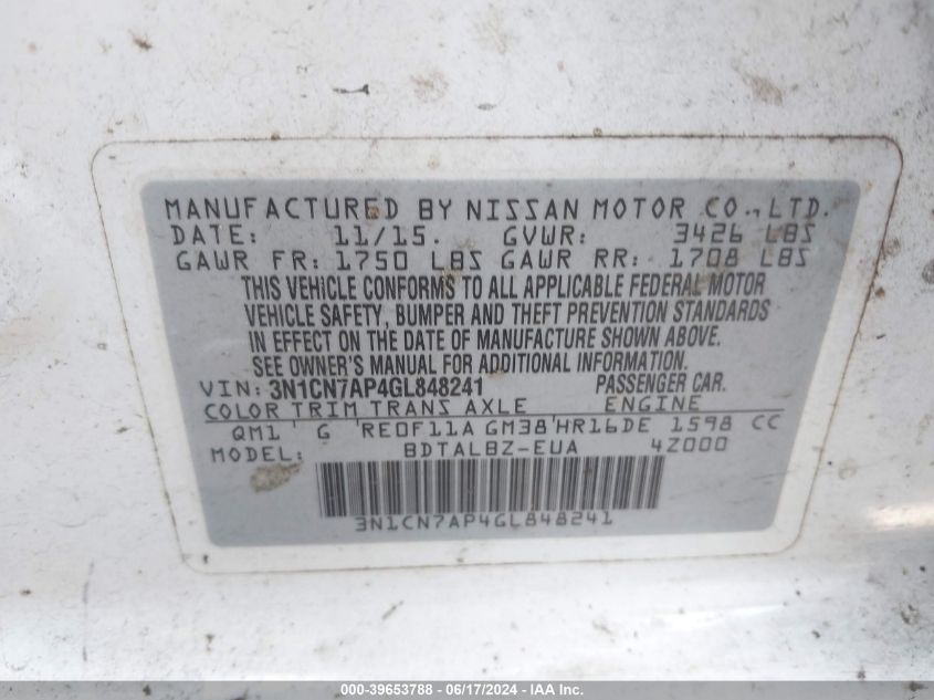 2016 Nissan Versa 1.6 Sv VIN: 3N1CN7AP4GL848241 Lot: 39653788