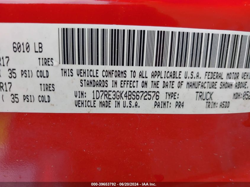 2011 Ram Dakota Bighorn/Lonestar VIN: 1D7RE3GK4BS672576 Lot: 39653792