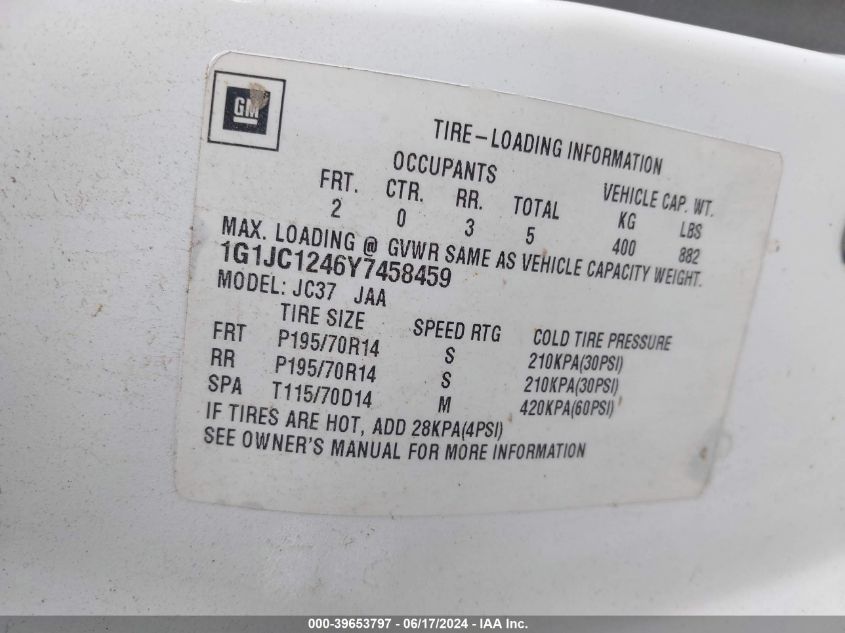 2000 Chevrolet Cavalier VIN: 1G1JC1246Y7458459 Lot: 39653797