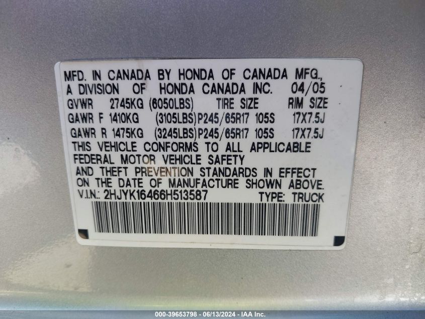 2006 Honda Ridgeline Rts VIN: 2HJYK16466H513587 Lot: 39653798