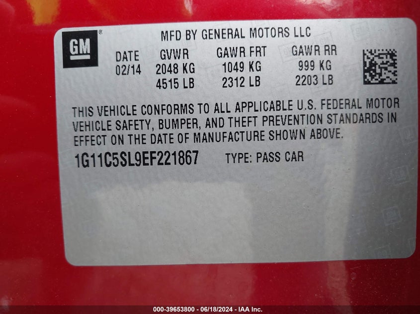 2014 Chevrolet Malibu 1Lt VIN: 1G11C5SL9EF221867 Lot: 39653800