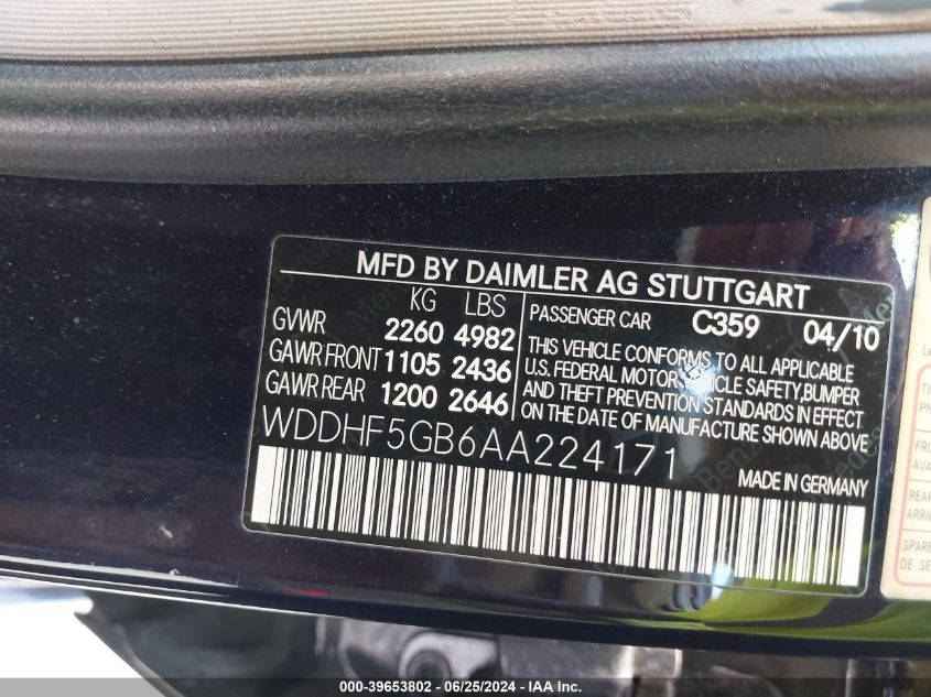 2010 Mercedes-Benz E 350 VIN: WDDHF5GB6AA224171 Lot: 39653802