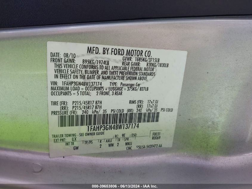 2011 Ford Focus Ses VIN: 1FAHP3GN4BW137174 Lot: 39653806