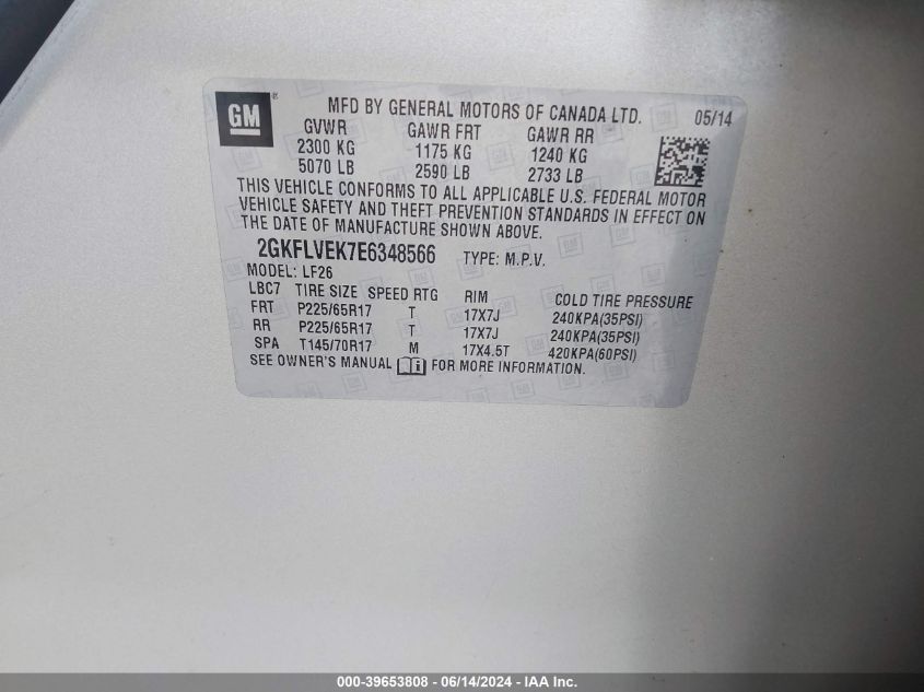 2014 GMC Terrain Sle-1 VIN: 2GKFLVEK7E6348566 Lot: 39653808