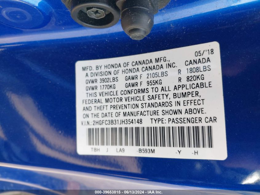 2018 Honda Civic Ex-T VIN: 2HGFC3B31JH354148 Lot: 39653815