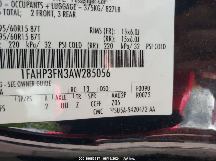 2010 Ford Focus Se VIN: 1FAHP3FN3AW285056 Lot: 39653817