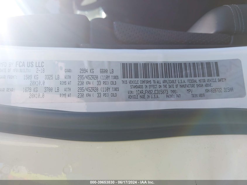 2018 Jeep Grand Cherokee Trackhawk 4X4 VIN: 1C4RJFN92JC315073 Lot: 39653830