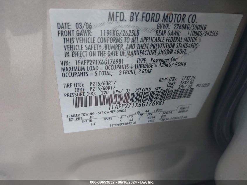 2006 Ford Five Hundred Sel VIN: 1FAFP271X6G176981 Lot: 39653832