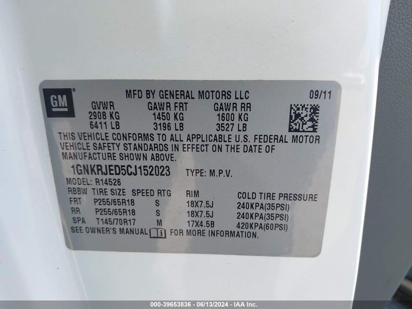 2012 Chevrolet Traverse 2Lt VIN: 1GNKRJED5CJ152023 Lot: 39653836