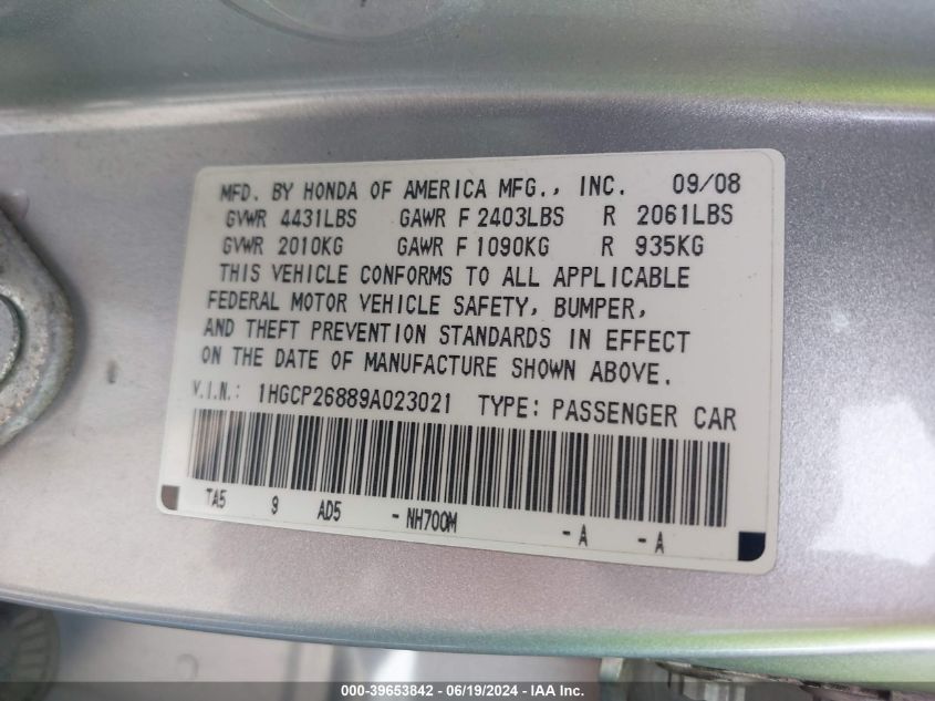 2009 Honda Accord 2.4 Ex-L VIN: 1HGCP26889A023021 Lot: 39653842