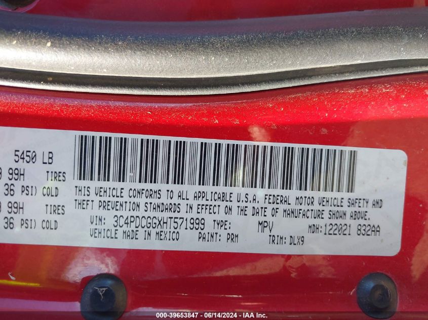 2017 Dodge Journey Crossroad Plus VIN: 3C4PDCGGXHT571999 Lot: 39653847