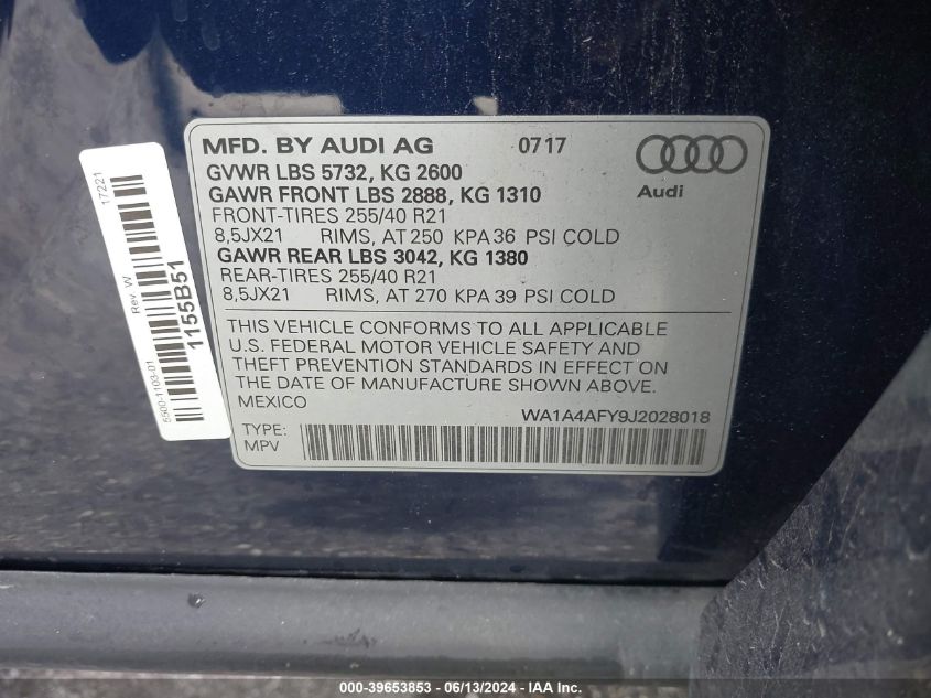 2018 Audi Sq5 3.0T Premium Plus VIN: WA1A4AFY9J2028018 Lot: 39653853