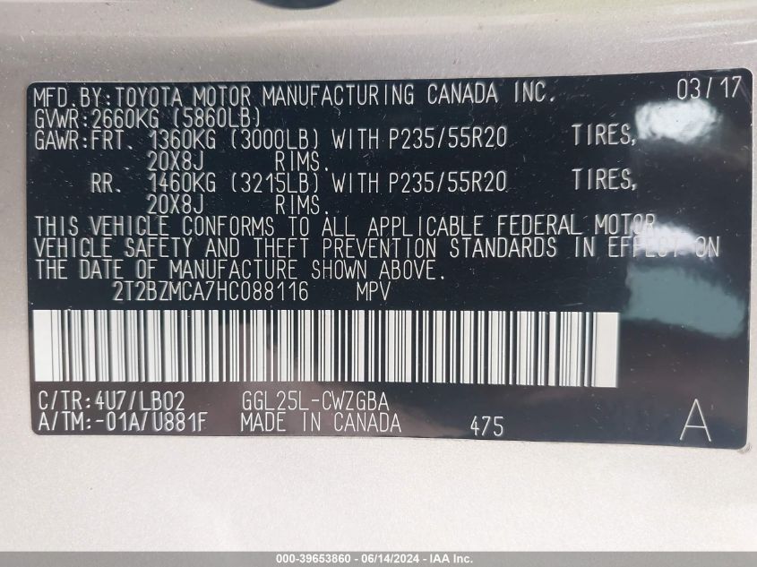 2017 Lexus Rx 350 VIN: 2T2BZMCA7HC088116 Lot: 39653860