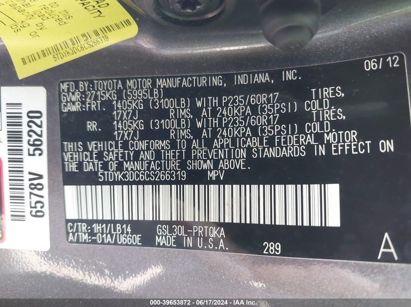 2012 Toyota Sienna Xle V6 8 Passenger VIN: 5TDYK3DC6CS266319 Lot: 39653872