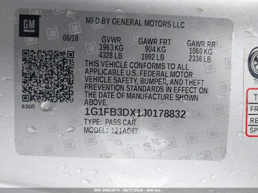 2018 Chevrolet Camaro 1Lt VIN: 1G1FB3DX1J0178832 Lot: 39653874