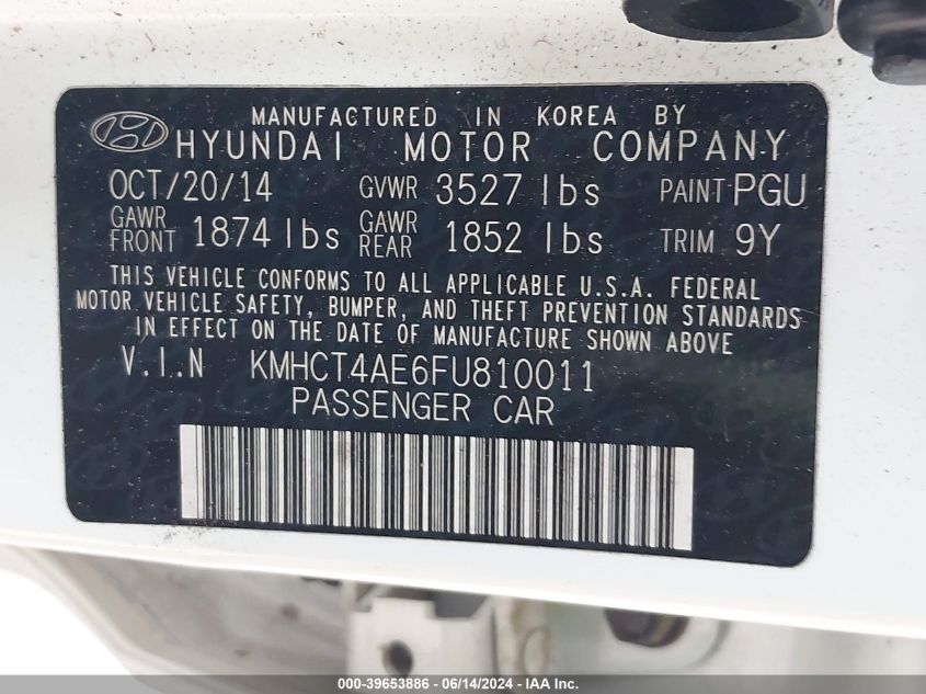 2015 Hyundai Accent Gls VIN: KMHCT4AE6FU810011 Lot: 39653886