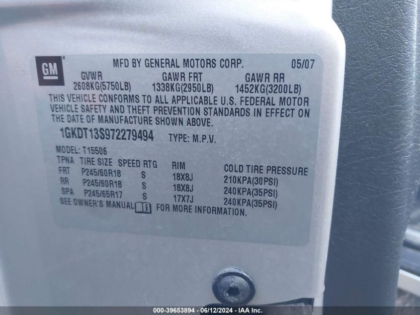 2007 GMC Envoy Slt VIN: 1GKDT13S972279494 Lot: 39653894
