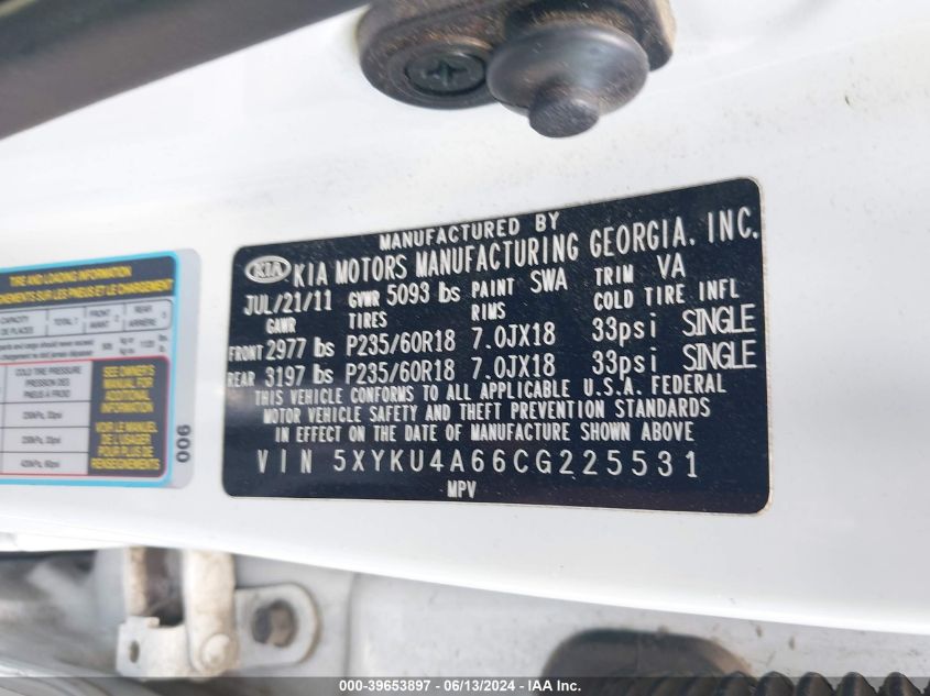 2012 Kia Sorento Ex VIN: 5XYKU4A66CG225531 Lot: 39653897