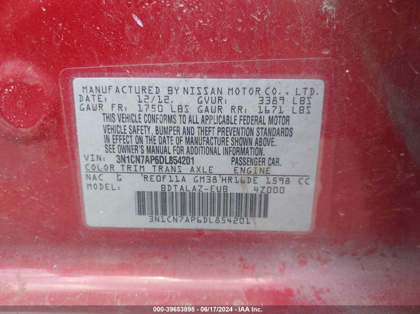 2013 Nissan Versa 1.6 S+ VIN: 3N1CN7AP6DL854201 Lot: 39653898