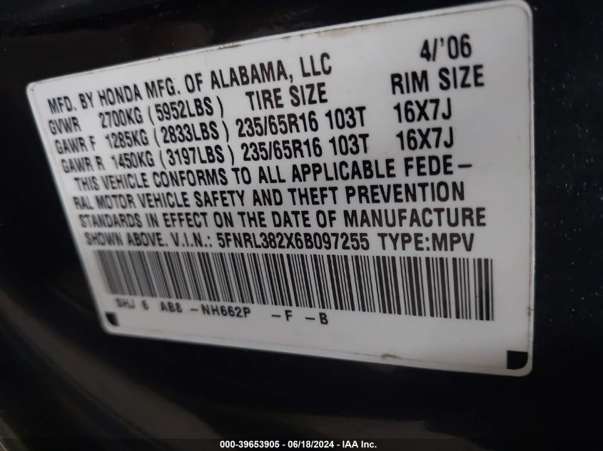 2006 Honda Odyssey Lx VIN: 5FNRL382X6B097255 Lot: 39653905