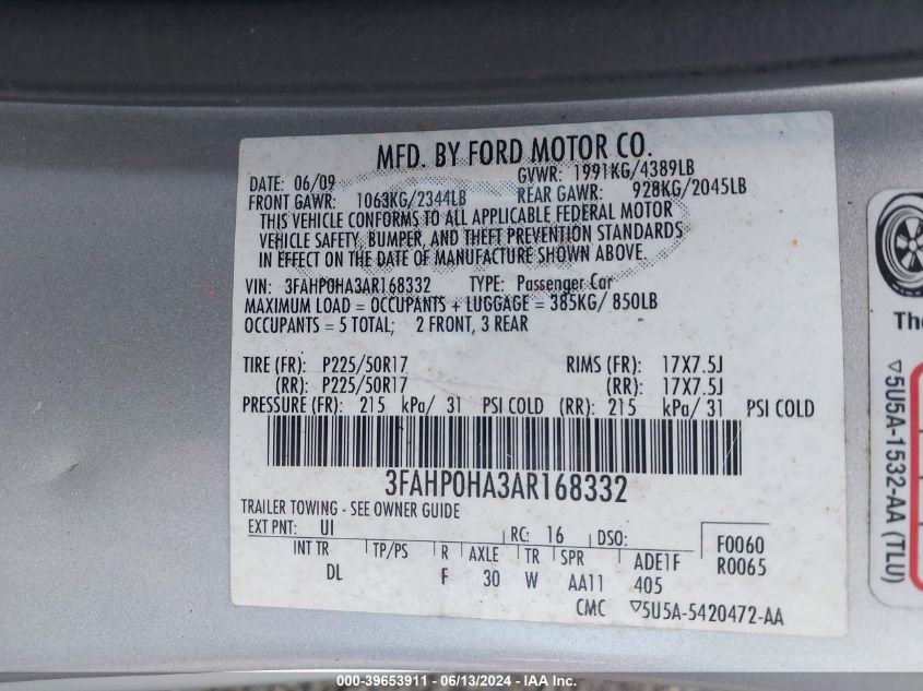 2010 Ford Fusion Se VIN: 3FAHP0HA3AR168332 Lot: 39653911